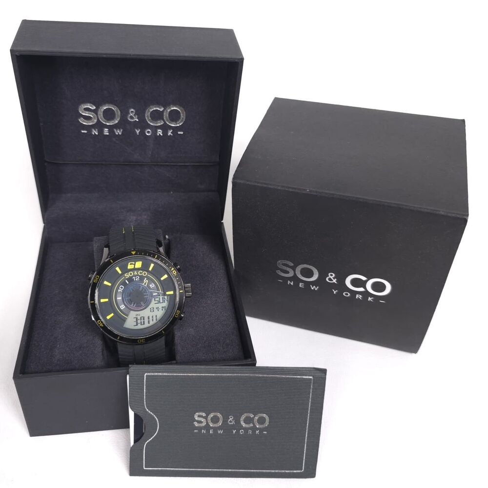 SO & CO NY New Mens Watch Analog Digital Black Yellow Sport 100M Water Resistant
